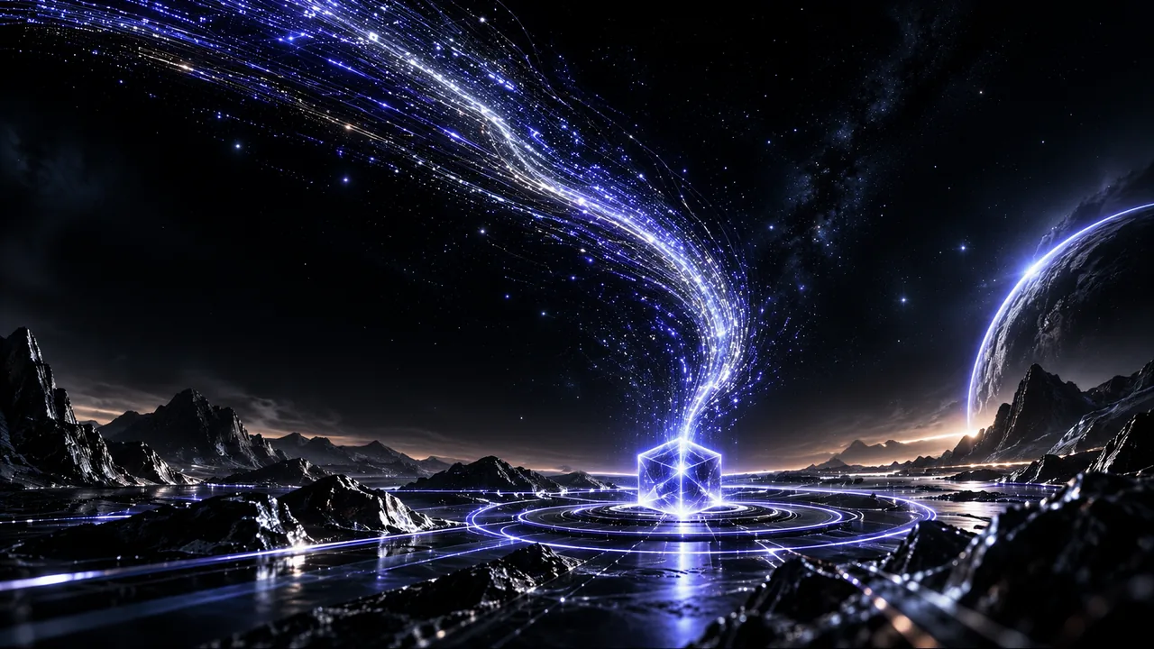 Lichtstrom aus Code über einem leuchtenden Würfel in einer nächtlichen Landschaft